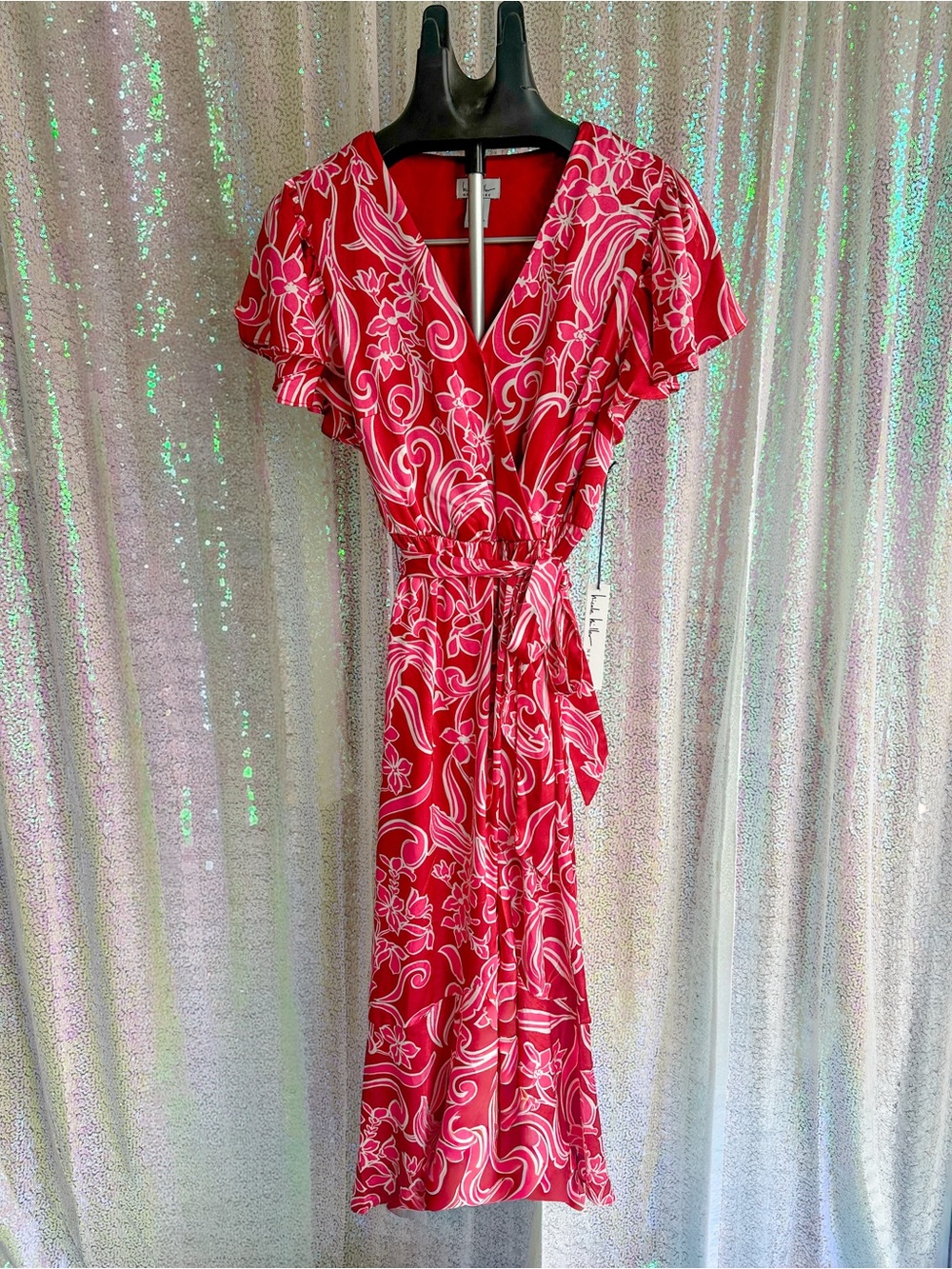 NWT Nicole Miller Fuchsia Floral Wrap Dress with Tie Waist Size Small